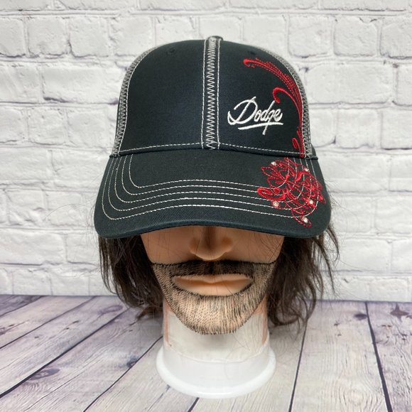 Dodge Hat Women Strap Back Black Embroidered Logo Jewel Rhinestone Pony Tail Cap - Picture 1 of 8